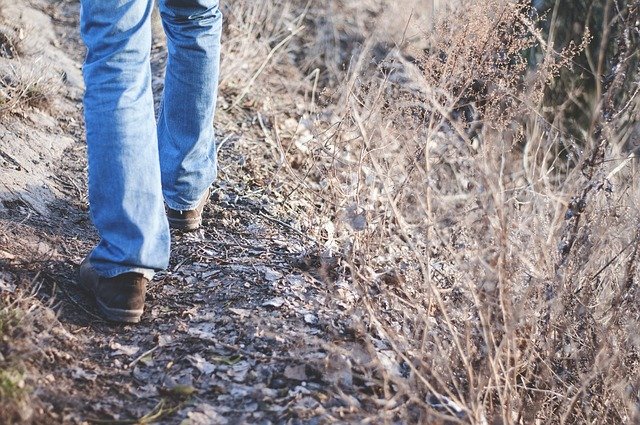 person's legs hiking on terrain